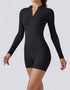 Jumpsuit Shorts Half Zipper Long Sleeve - Midnight Black