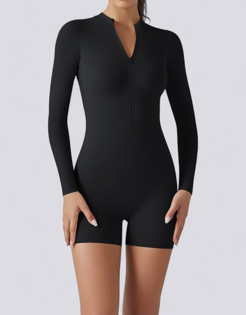 Jumpsuit Shorts Half Zipper Long Sleeve - Midnight Black