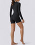 Jumpsuit Shorts Half Zipper Long Sleeve - Midnight Black