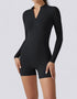 Jumpsuit Shorts Half Zipper Long Sleeve - Midnight Black