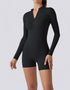 Jumpsuit Shorts Half Zipper Long Sleeve - Midnight Black