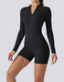 Jumpsuit Shorts Half Zipper Long Sleeve - Midnight Black
