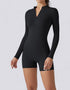 Jumpsuit Shorts Half Zipper Long Sleeve - Midnight Black