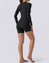 Jumpsuit Shorts Half Zipper Long Sleeve - Midnight Black