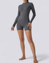 Long Sleeve Half Zipper Bodycon Jumpsuit Shorts - Grey