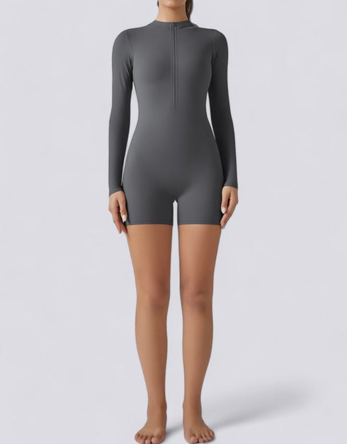 Long Sleeve Half Zipper Bodycon Jumpsuit Shorts - Grey