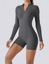 Long Sleeve Half Zipper Bodycon Jumpsuit Shorts - Grey