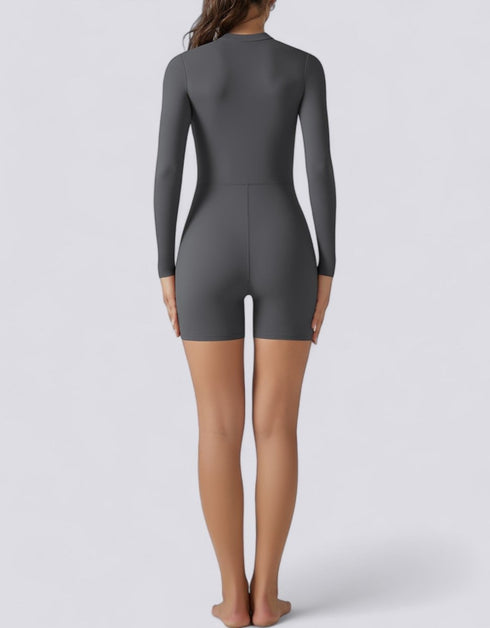 Long Sleeve Half Zipper Bodycon Jumpsuit Shorts - Grey