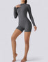 Long Sleeve Half Zipper Bodycon Jumpsuit Shorts - Grey