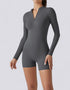 Long Sleeve Half Zipper Bodycon Jumpsuit Shorts - Grey