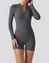 Long Sleeve Half Zipper Bodycon Jumpsuit Shorts - Grey