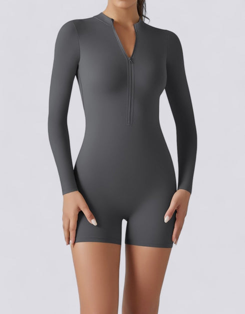 Long Sleeve Half Zipper Bodycon Jumpsuit Shorts - Grey