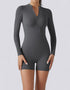 Long Sleeve Half Zipper Bodycon Jumpsuit Shorts - Grey