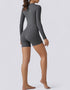 Long Sleeve Half Zipper Bodycon Jumpsuit Shorts - Grey