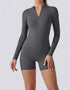 Long Sleeve Half Zipper Bodycon Jumpsuit Shorts - Grey