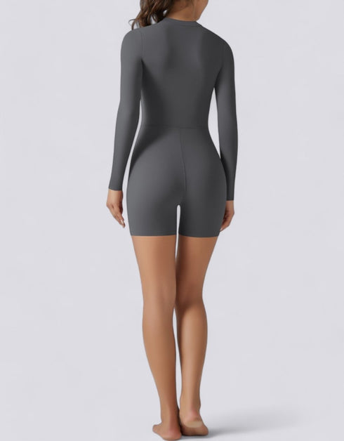 Long Sleeve Half Zipper Bodycon Jumpsuit Shorts - Grey