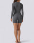 Long Sleeve Half Zipper Bodycon Jumpsuit Shorts - Grey