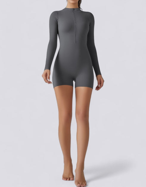 Long Sleeve Half Zipper Bodycon Jumpsuit Shorts - Grey