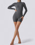 Long Sleeve Half Zipper Bodycon Jumpsuit Shorts - Grey