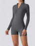 Long Sleeve Half Zipper Bodycon Jumpsuit Shorts - Grey
