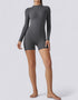 Long Sleeve Half Zipper Bodycon Jumpsuit Shorts - Grey