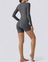 Long Sleeve Half Zipper Bodycon Jumpsuit Shorts - Grey