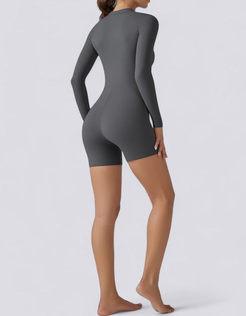 Long Sleeve Half Zipper Bodycon Jumpsuit Shorts - Grey