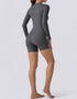 Long Sleeve Half Zipper Bodycon Jumpsuit Shorts - Grey