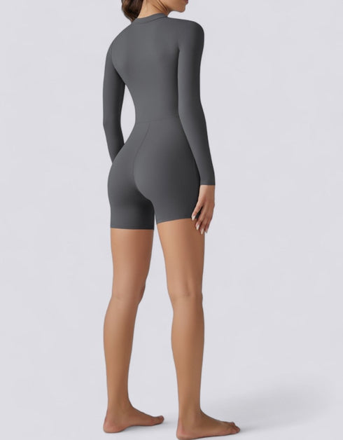 Long Sleeve Half Zipper Bodycon Jumpsuit Shorts - Grey
