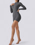 Long Sleeve Half Zipper Bodycon Jumpsuit Shorts - Grey