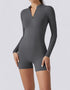 Long Sleeve Half Zipper Bodycon Jumpsuit Shorts - Grey