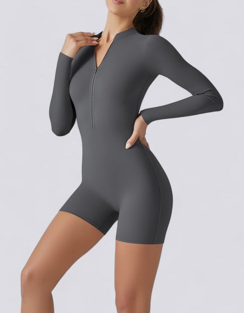Long Sleeve Half Zipper Bodycon Jumpsuit Shorts - Grey