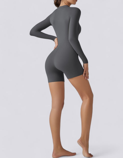 Long Sleeve Half Zipper Bodycon Jumpsuit Shorts - Grey