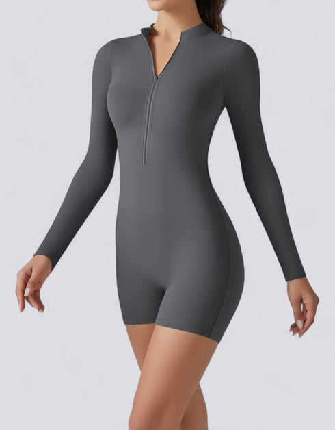 Long Sleeve Half Zipper Bodycon Jumpsuit Shorts - Grey