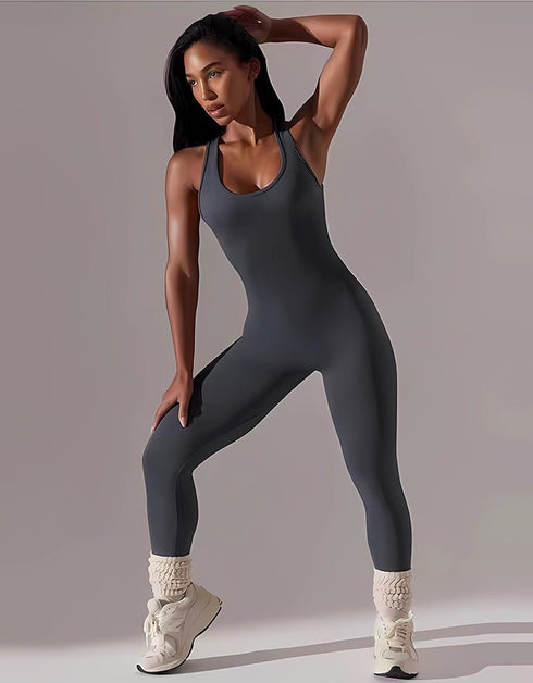 Ribbed Racerback Seamless Jumpsuit - Smoke Grey