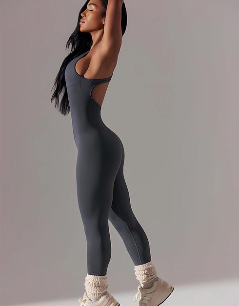Ribbed Racerback Seamless Jumpsuit - Smoke Grey