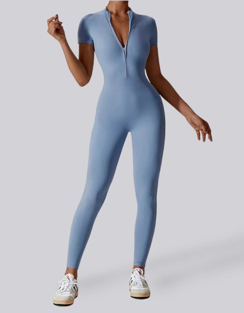 Short Sleeved Zip Up Jumpsuit - Sky Blue