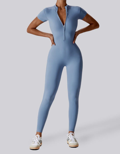 Short Sleeved Zip Up Jumpsuit - Sky Blue