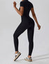 Short Sleeved Zip Up Yoga Jumpsuit - Midnight Black