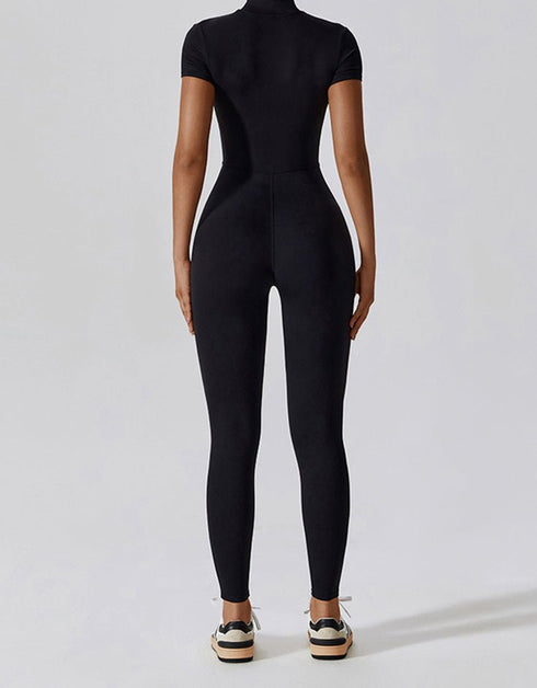 Short Sleeved Zip Up Yoga Jumpsuit - Midnight Black