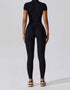 Short Sleeved Zip Up Yoga Jumpsuit - Midnight Black