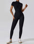 Short Sleeved Zip Up Yoga Jumpsuit - Midnight Black