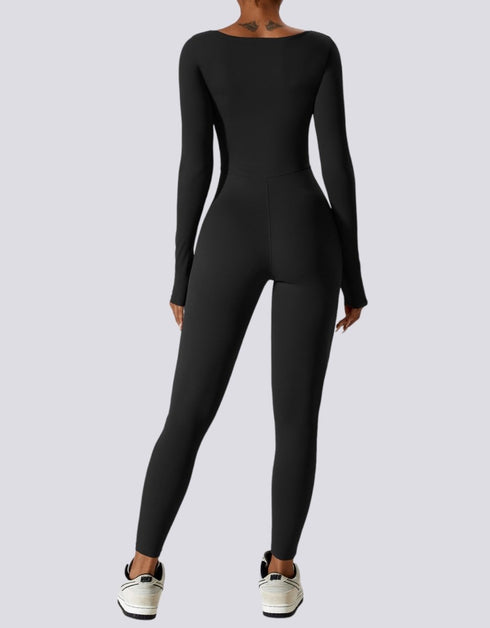 Square Neck Long Sleeve Jumpsuit in Black