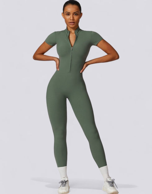 Women's Jumpsuit Short Sleeved Zip Up - Army Green