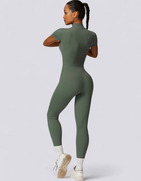 Women's Jumpsuit Short Sleeved Zip Up - Army Green