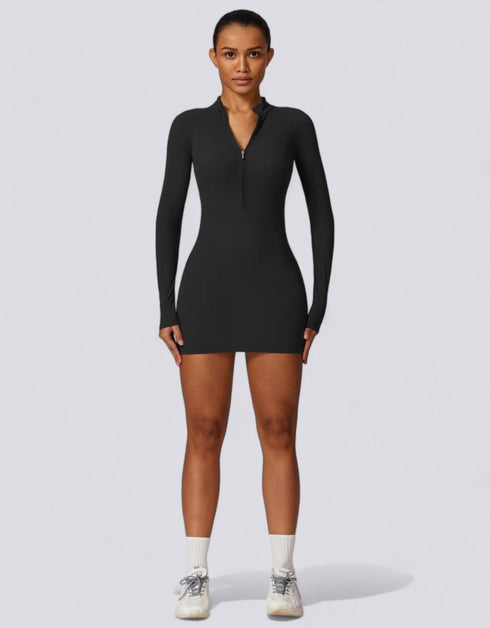 Women's Sports Dress - Long Sleeve Half Zip - Black