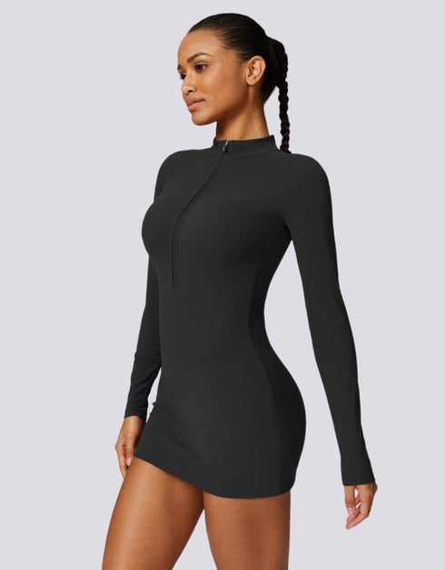 Women's Sports Dress - Long Sleeve Half Zip - Black