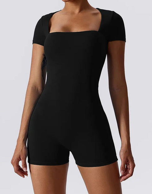 Women's Square Collar Jumpsuit Shorts - Yoga, Gym, Activewear