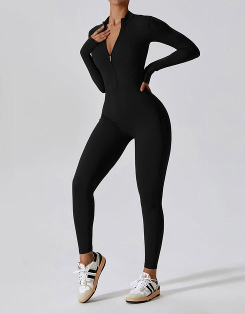 Zip Up Jumpsuit - Long Sleeve - Black