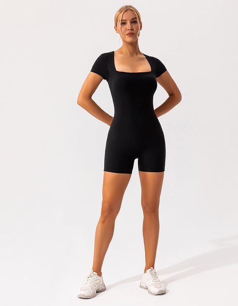 Women's Square Collar Jumpsuit Shorts - Yoga, Gym, Activewear
